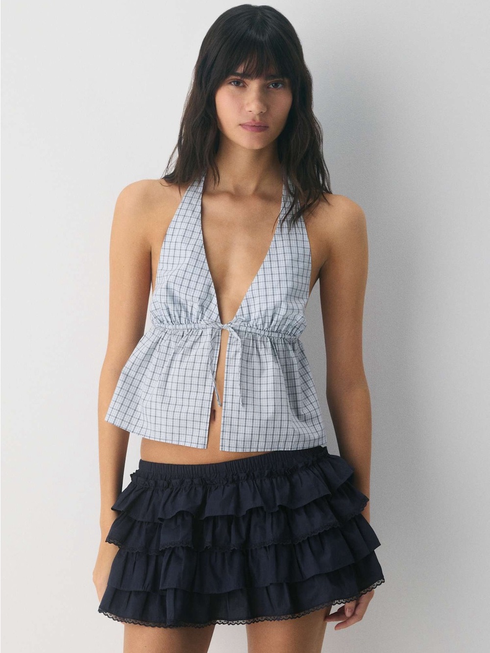 NWT Aritzia Brioche Poplin Halter Tie-Front Top Rommey Chck Vl Bl/Adm, L